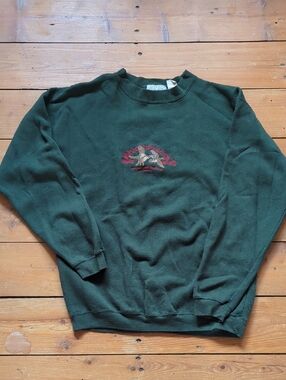 222- Vintage Men's Dark Green Crewneck Sweater with Embroidered Logo